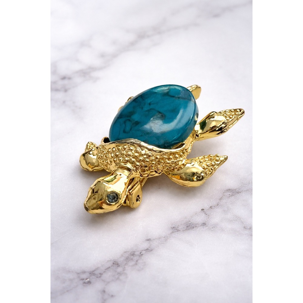 Vintage Gerry's Turtle Brooch‎ Turquoise Cabochon Gold Tone Figural Pin
